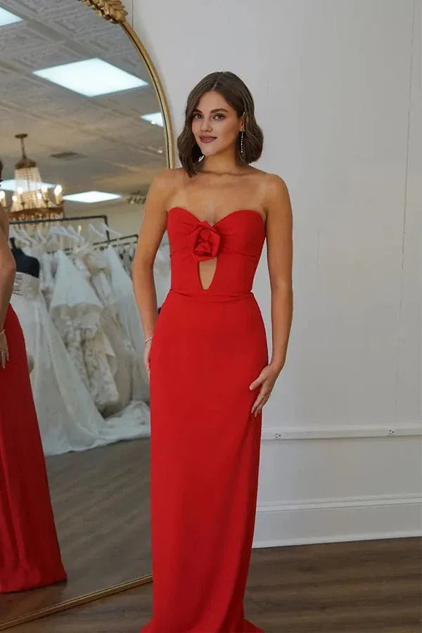 Vestido Weitese de sirena sin tirantes, ajustado, con flores, de satén rojo, largo, para fiesta